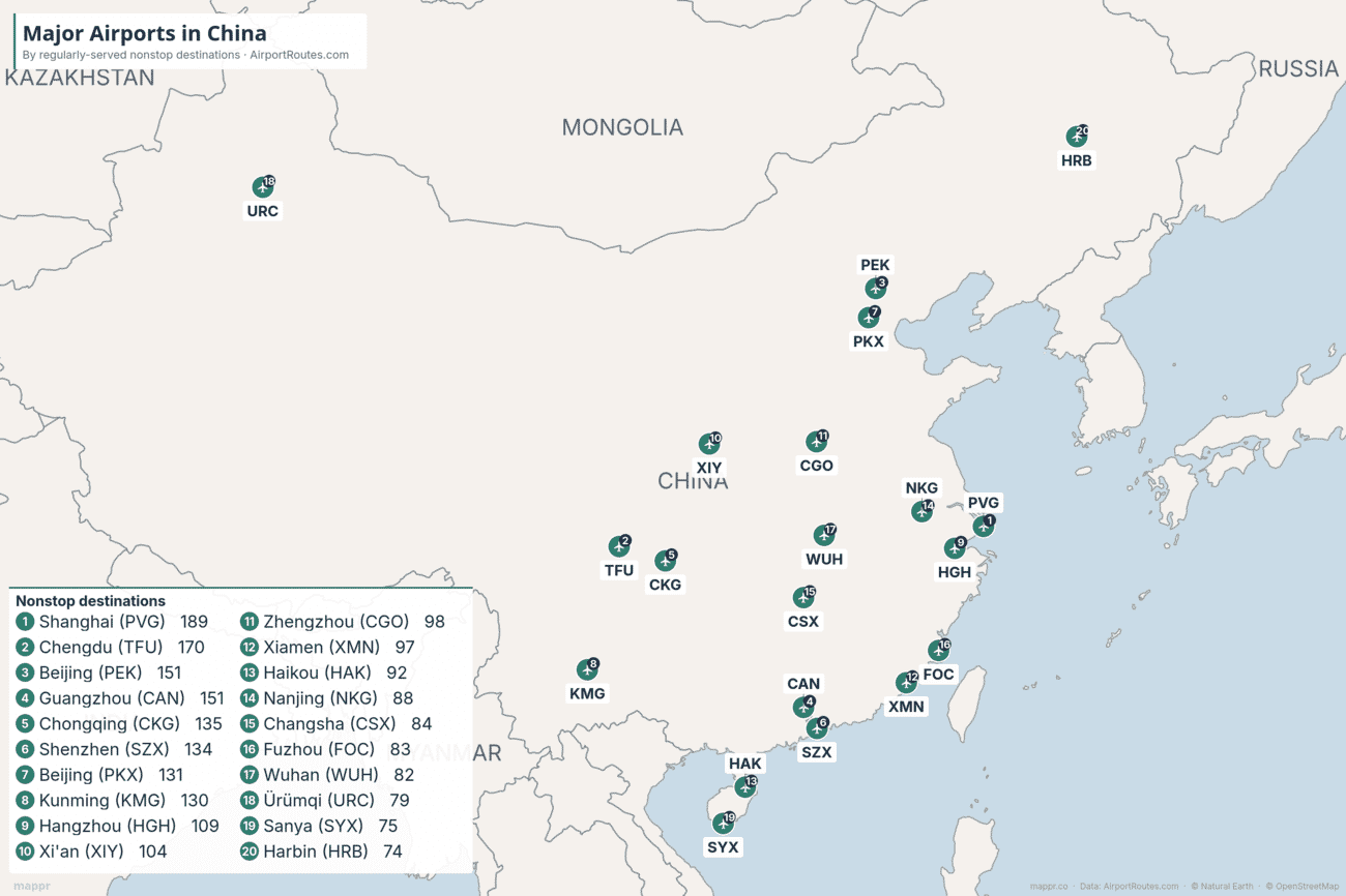 Map of major airports in China ranked by number of nonstop destinations, from Shanghai and Beijing to the western and southern hubs