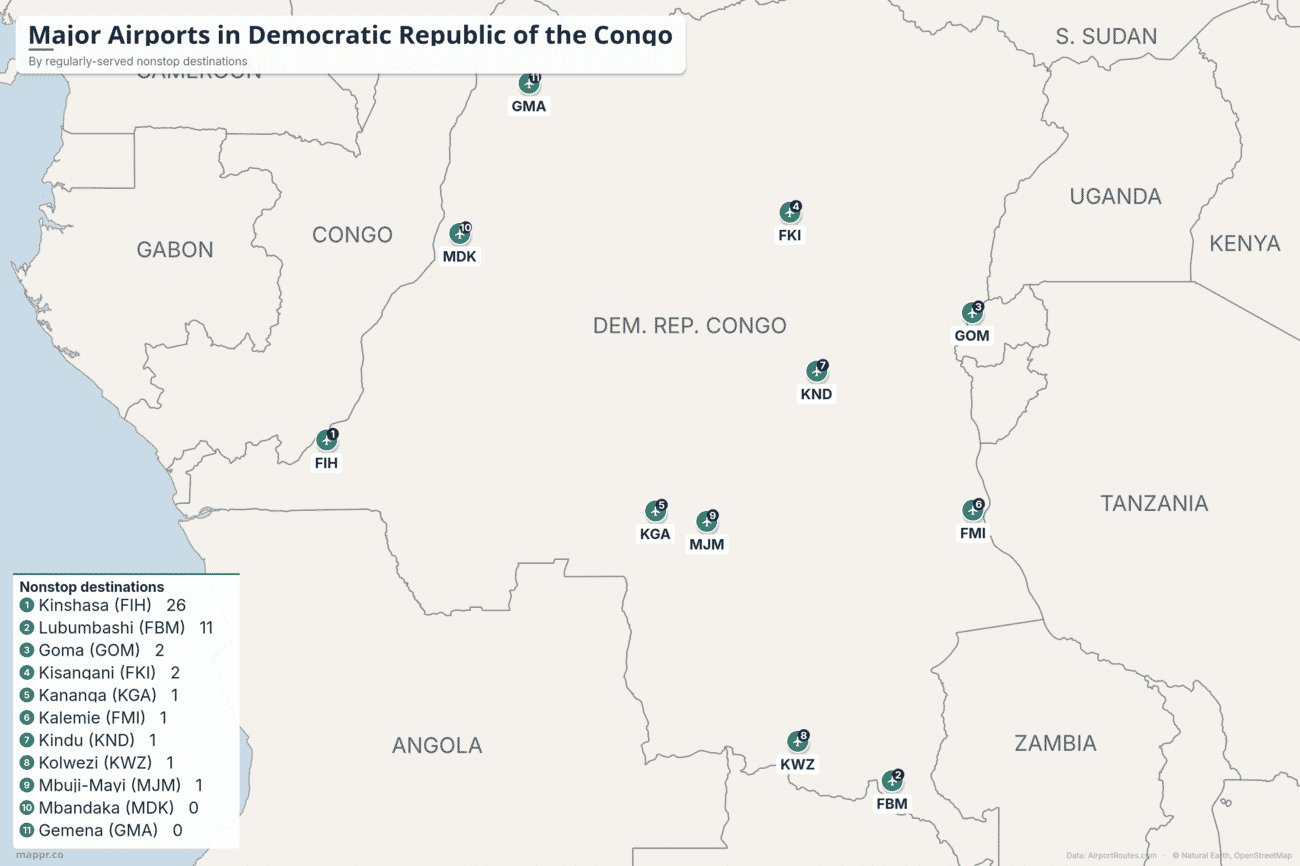 Map of the major airports in the Democratic Republic of the Congo ranked by regularly-served nonstop destinations, led by Kinshasa and Lubumbashi