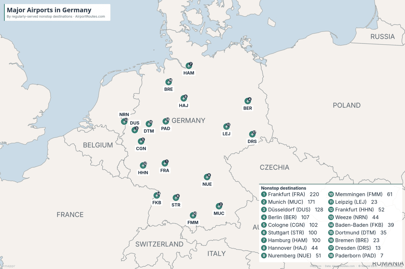 Map of major airports in Germany ranked by number of nonstop destinations, from Frankfurt and Munich to regional airports