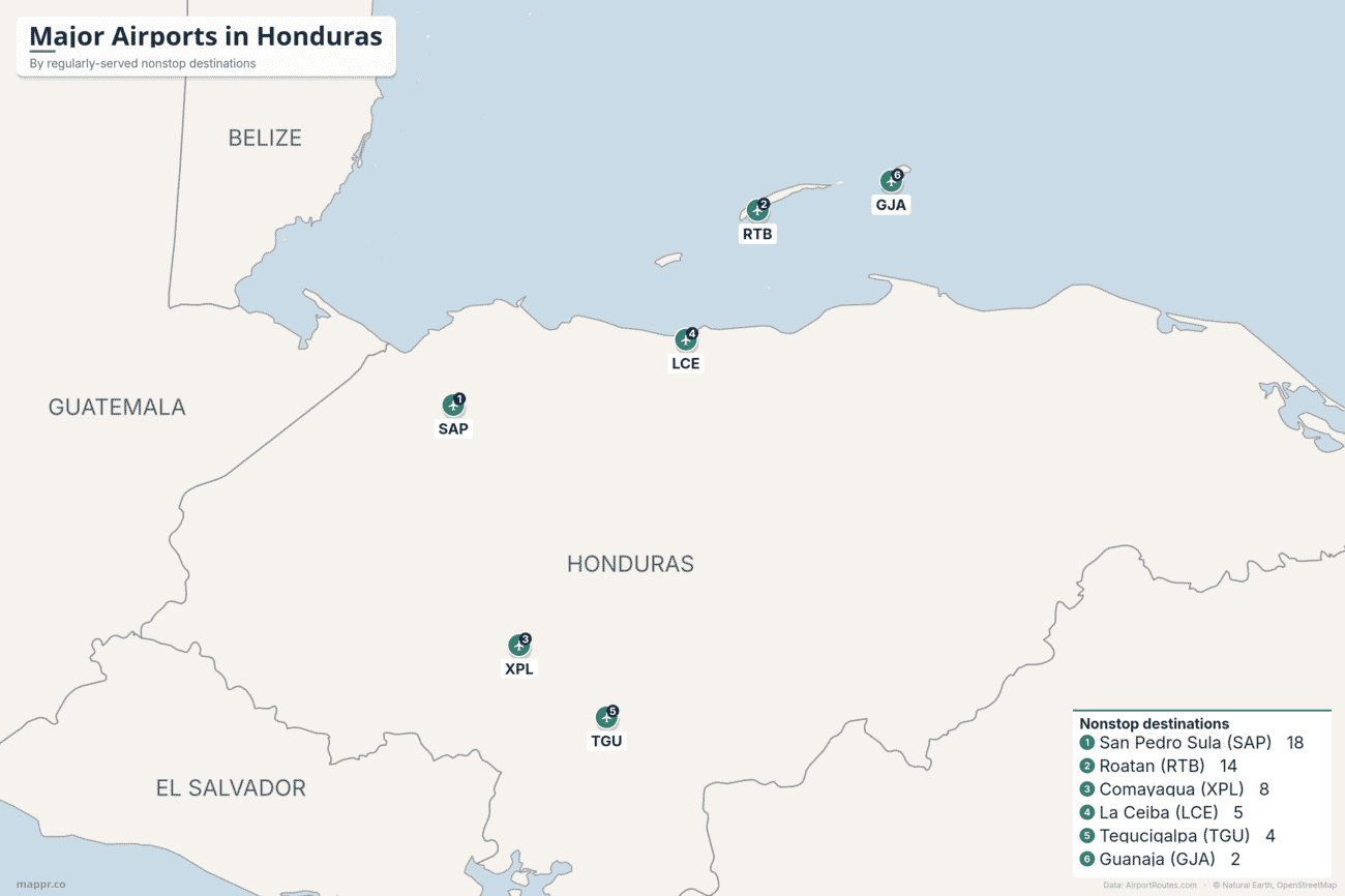 Map of major airports in Honduras ranked by regularly-served nonstop destinations, led by San Pedro Sula, Roatán and Palmerola