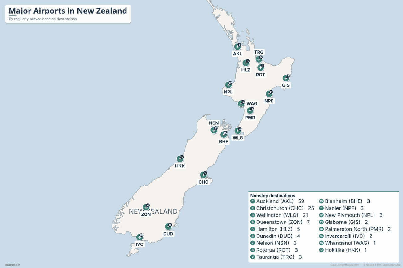 Map of major airports in New Zealand ranked by regularly-served nonstop destinations, led by Auckland, Christchurch and Wellington