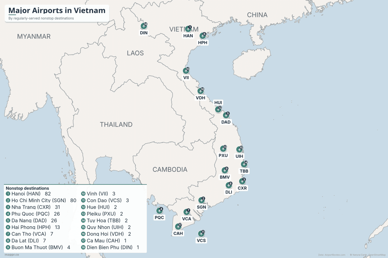 Map of the major airports in Vietnam ranked by regularly-served nonstop destinations, led by Hanoi and Ho Chi Minh City