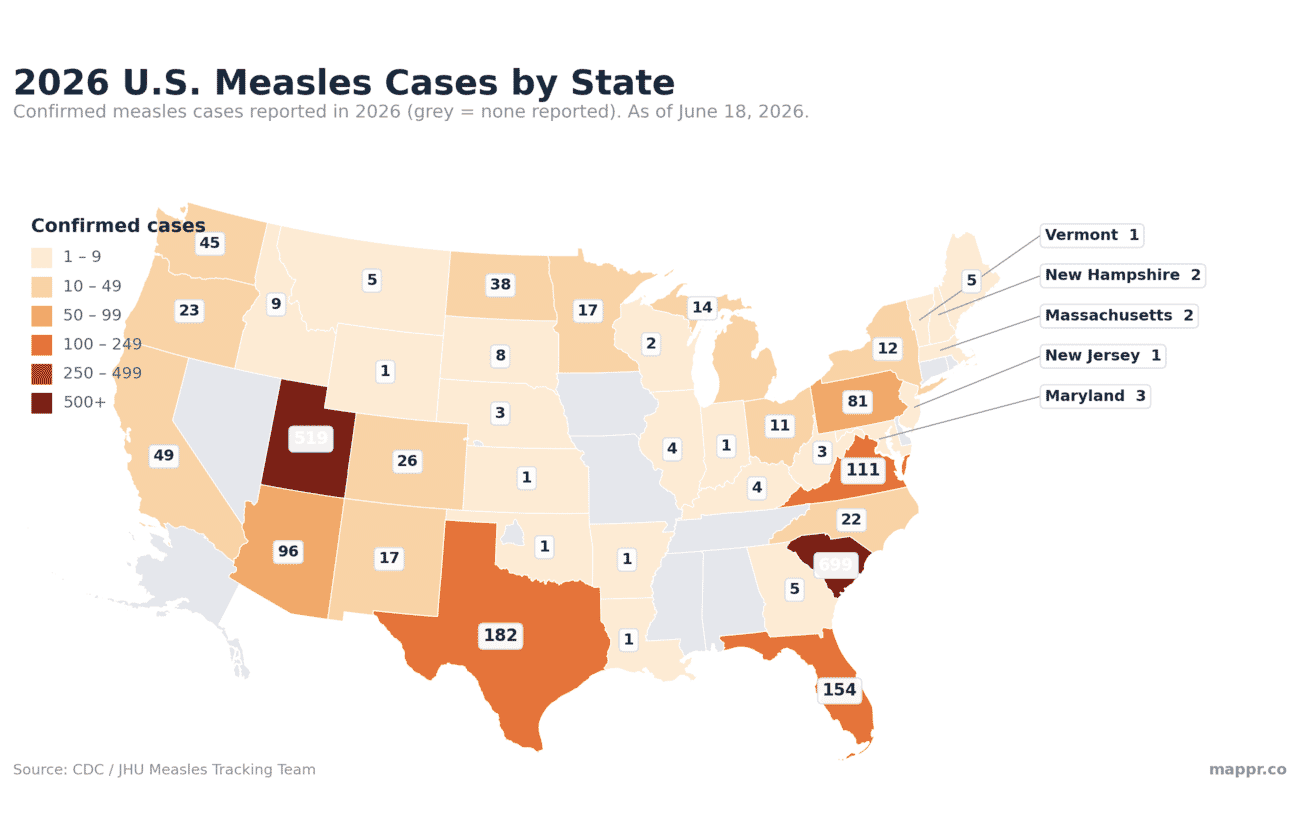 Choropleth map of 2026 US measles cases by state, with South Carolina and Utah darkest