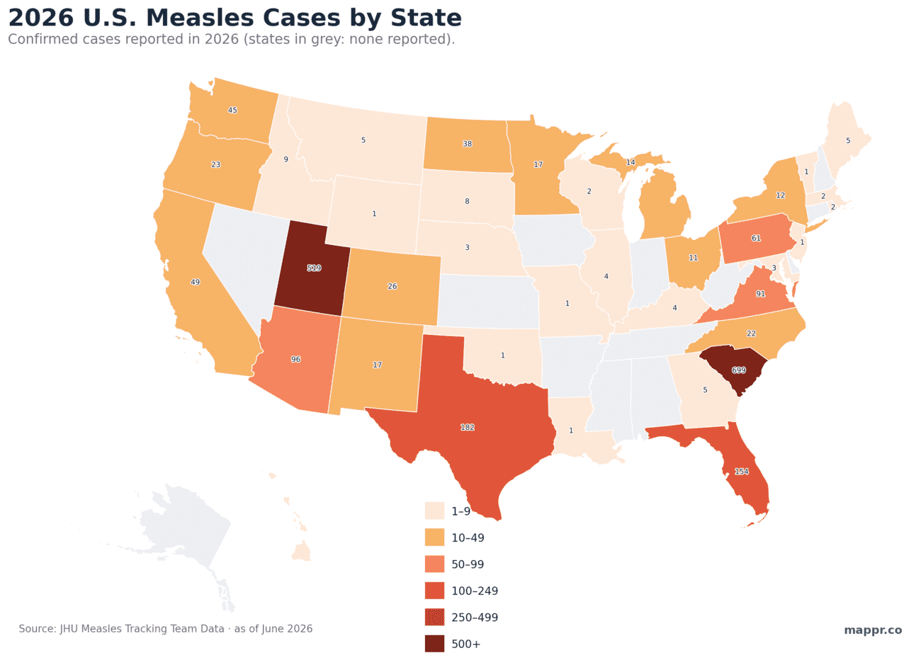 Choropleth map of 2026 US measles cases by state, with South Carolina and Utah darkest