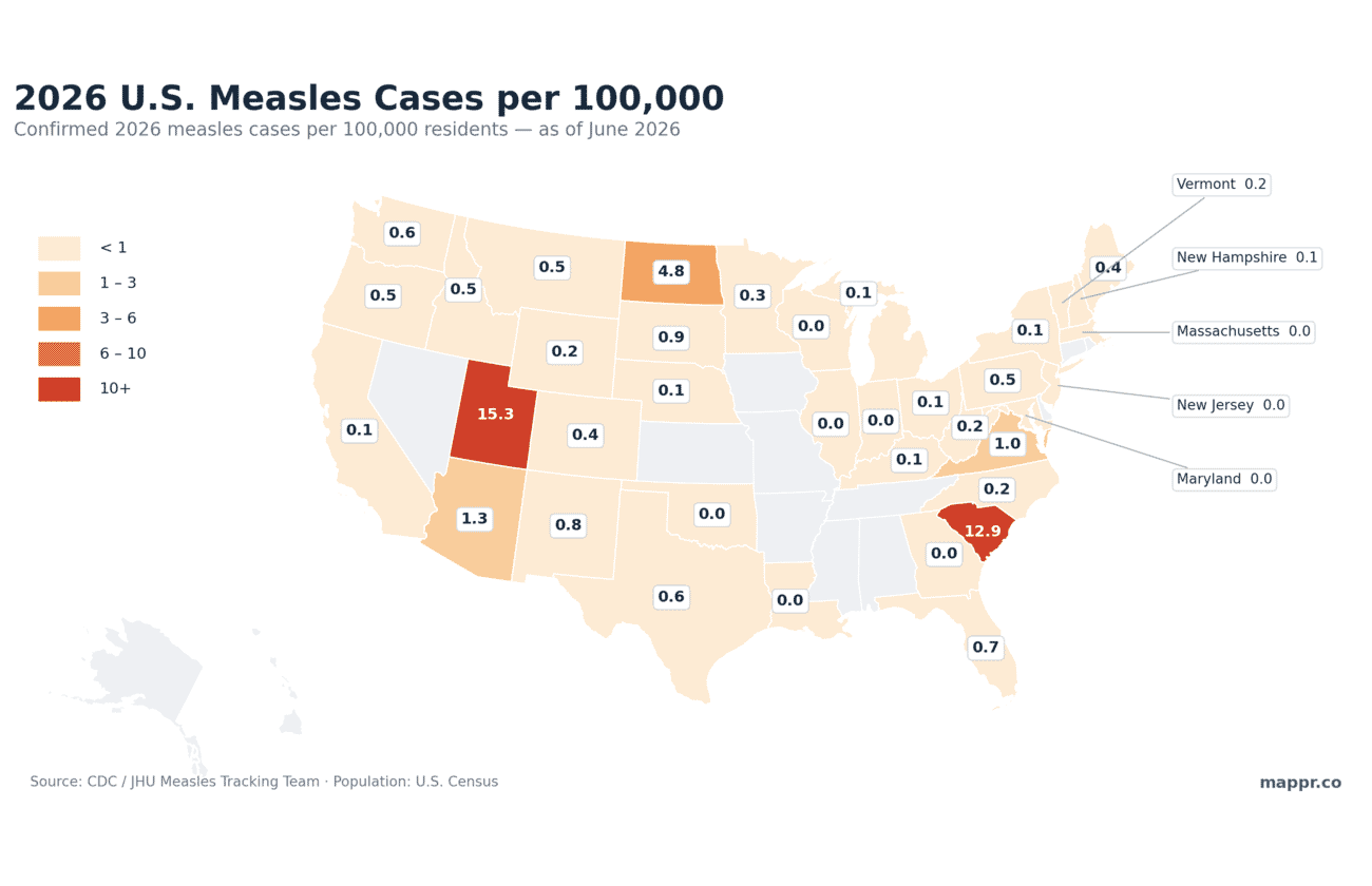 Choropleth map of 2026 US measles cases per 100,000 residents, Utah and South Carolina darkest