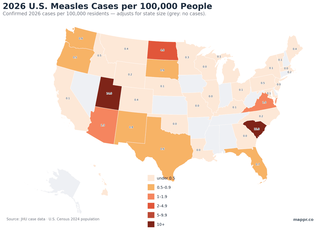 Choropleth map of 2026 US measles cases per 100,000 residents, Utah and South Carolina darkest