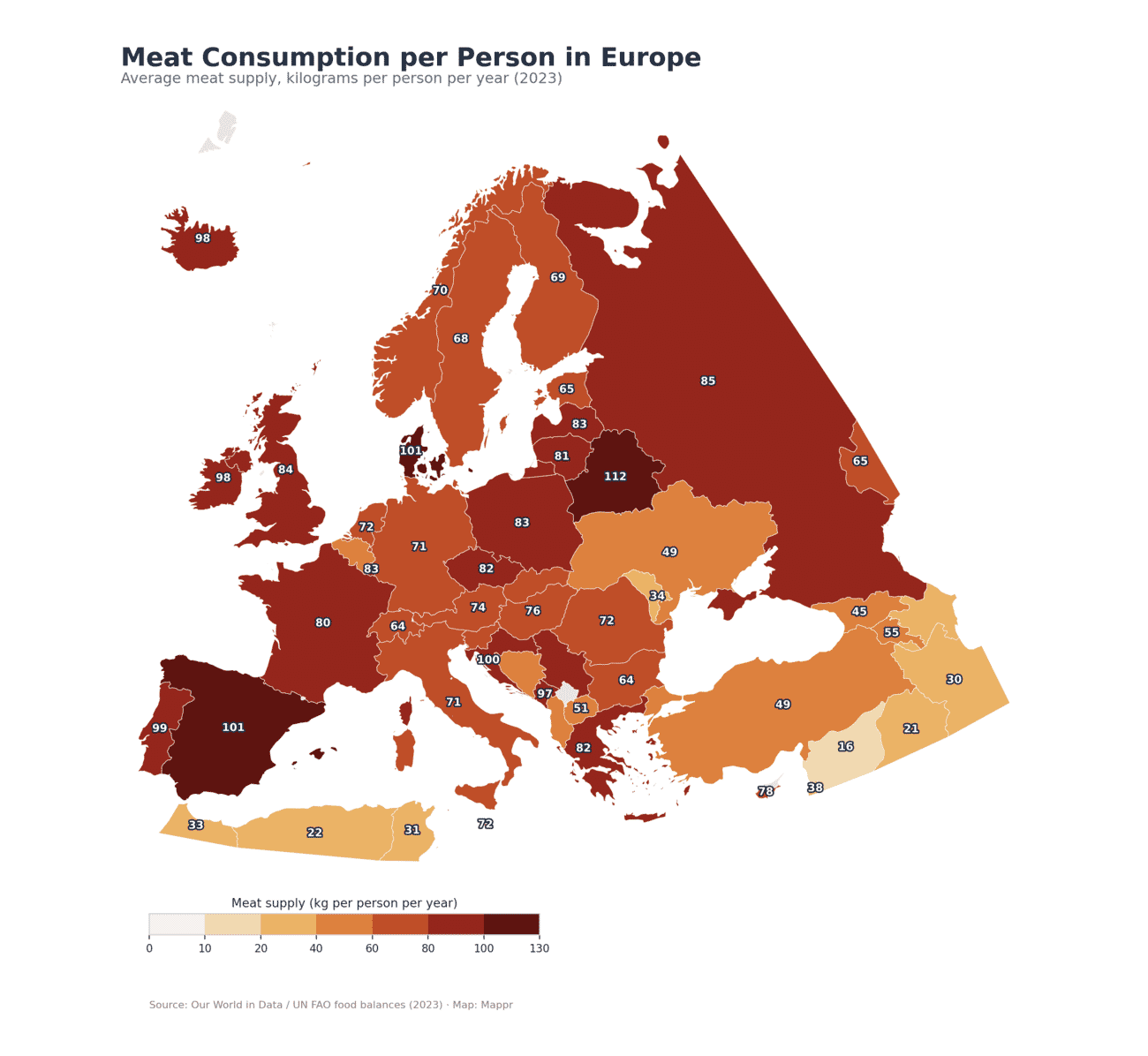 Choropleth map of meat consumption per person across European countries in 2023