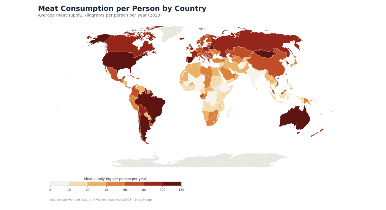 World map of meat consumption per person by country in 2023