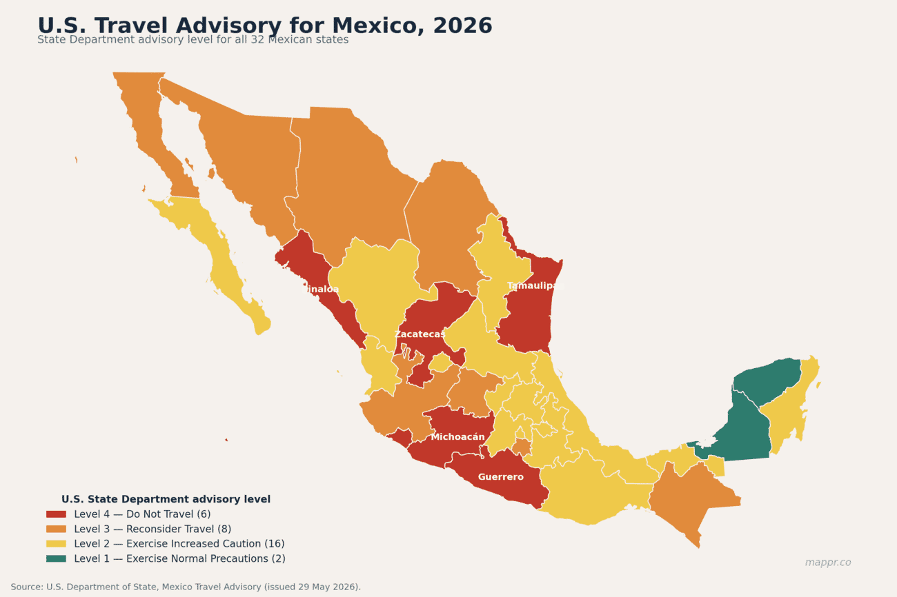 Map of U.S. State Department travel advisory levels for all 32 Mexican states, 2026