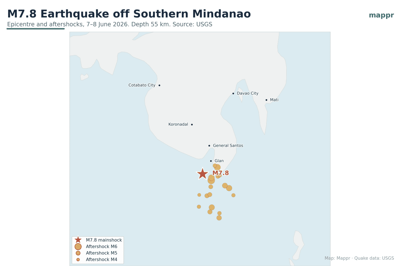 Map of the M7.8 earthquake off southern Mindanao on 7-8 June 2026 with epicentre and aftershocks