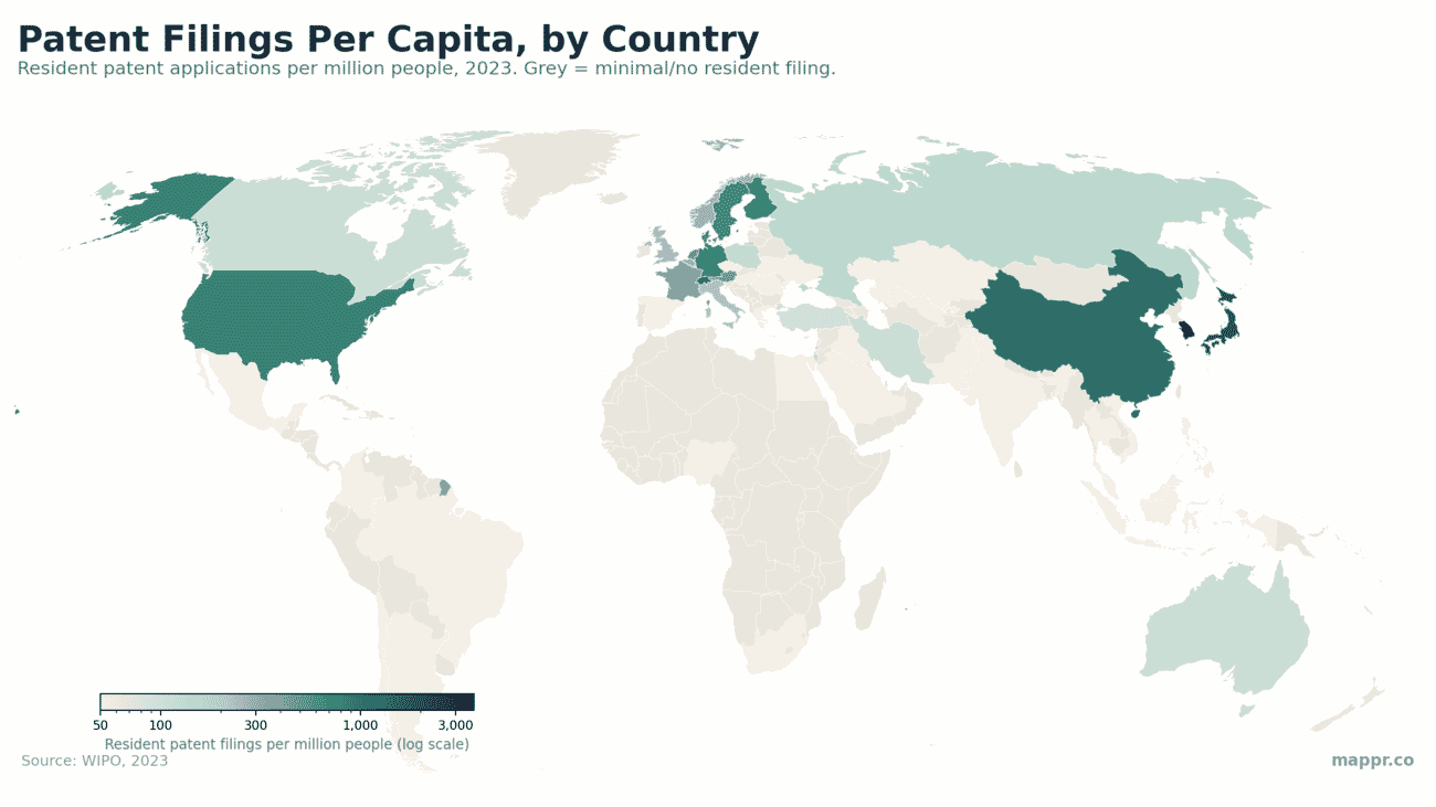 World map of patent filings per capita by country, 2023