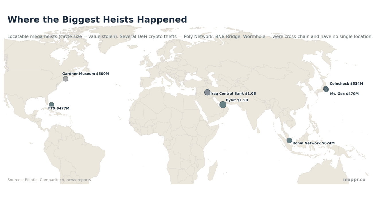 World map of the biggest robberies and heists by location