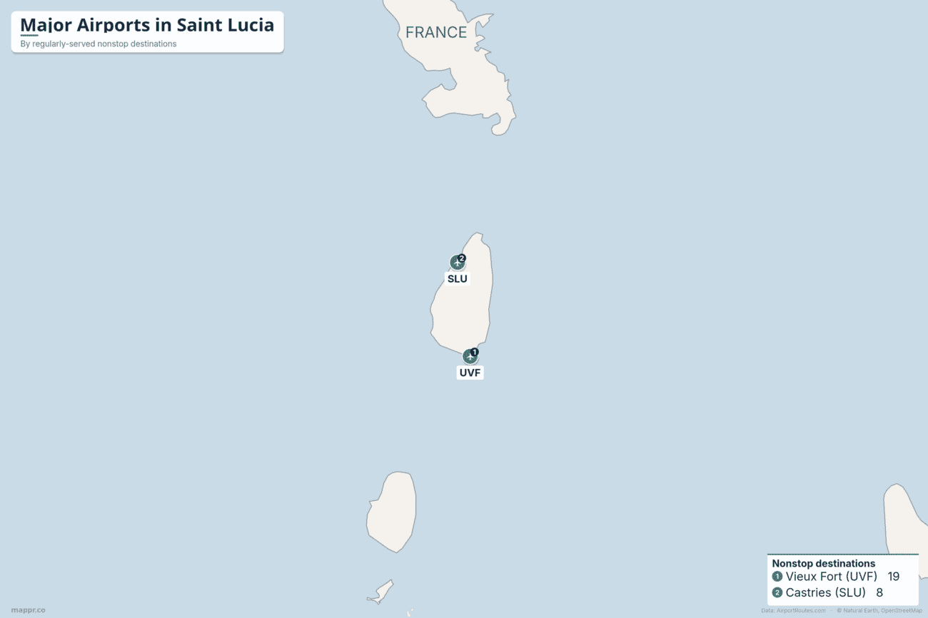 Map of Saint Lucia showing its two airports with scheduled service: Hewanorra International (UVF) in the south near Vieux Fort and George F. L. Charles (SLU) by the capital Castries in the north, ranked by regularly-served nonstop destinations