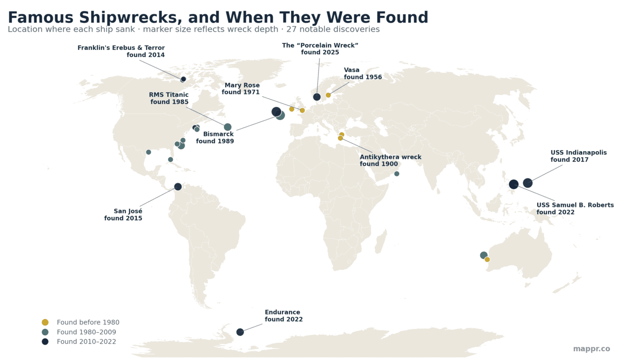 World map of famous shipwreck discovery sites