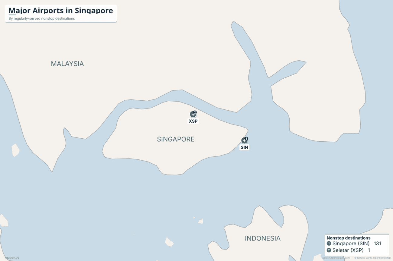 Map of Singapore showing its two airports — Changi (SIN) and Seletar (XSP) — ranked by regularly-served nonstop destinations