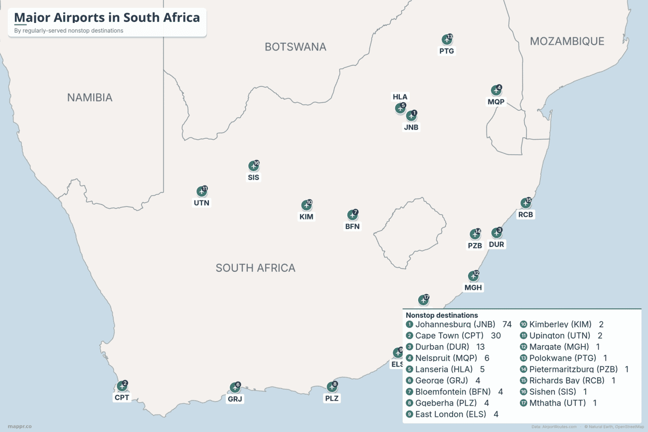 Map of major airports in South Africa ranked by regularly-served nonstop destinations, led by Johannesburg, Cape Town and Durban