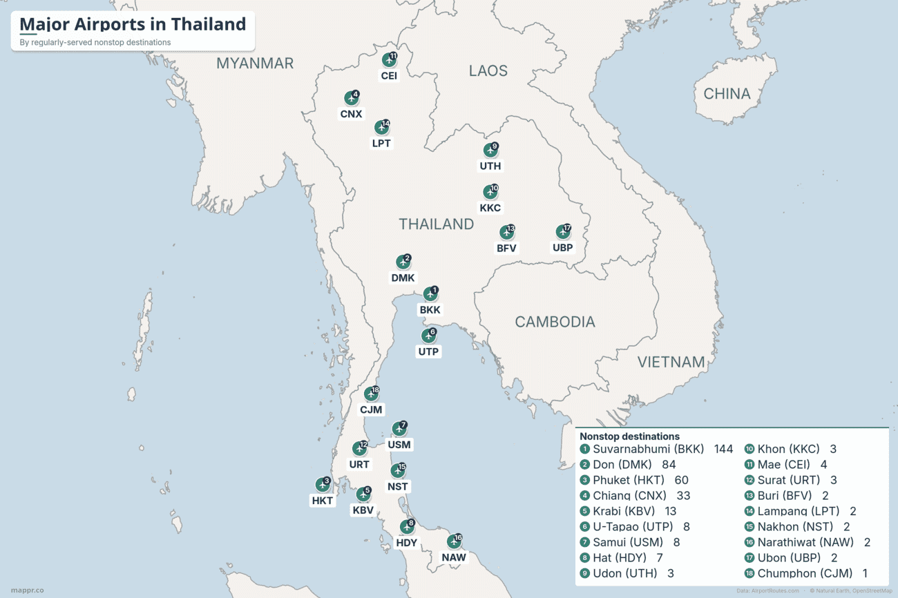 Map of Thailand’s major airports sized by number of regularly-served nonstop destinations