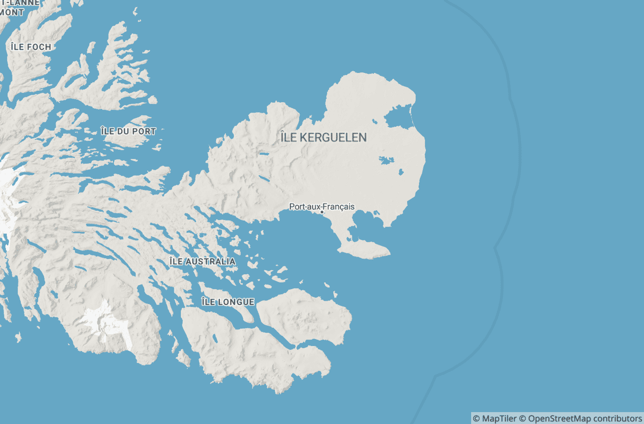 Terrain map of the Kerguelen Islands showing fjords and peaks