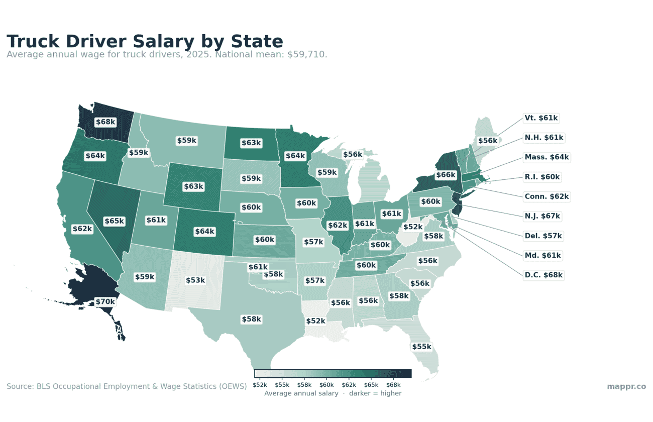 Map of Truck Driver salary by US state