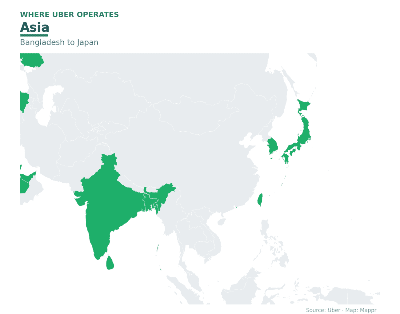 Map of Asian countries where Uber operates in 2026