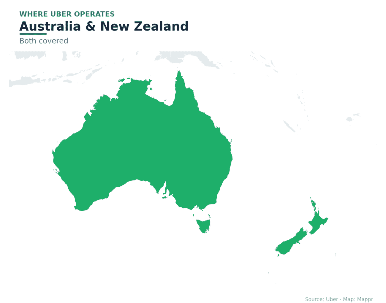 Map showing Uber operating in both Australia and New Zealand in 2026