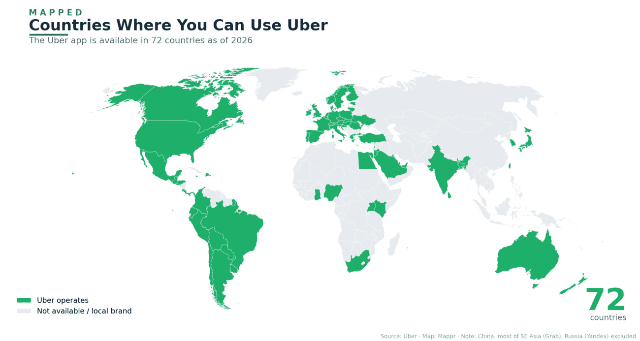 World map of the 72 countries where Uber operates in 2026