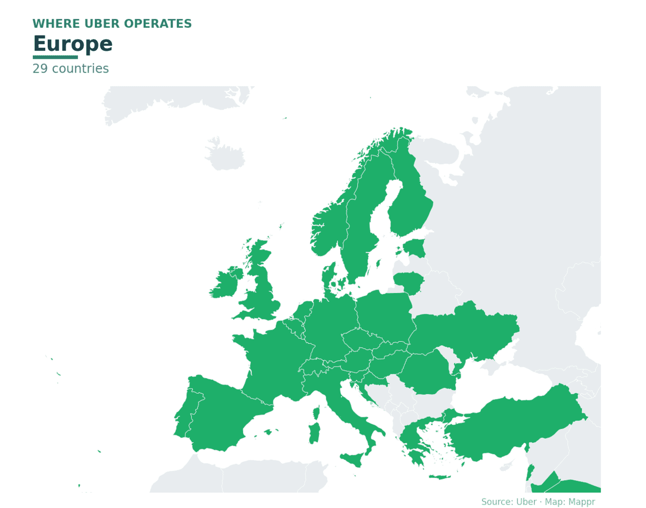 Map of European countries where Uber operates in 2026