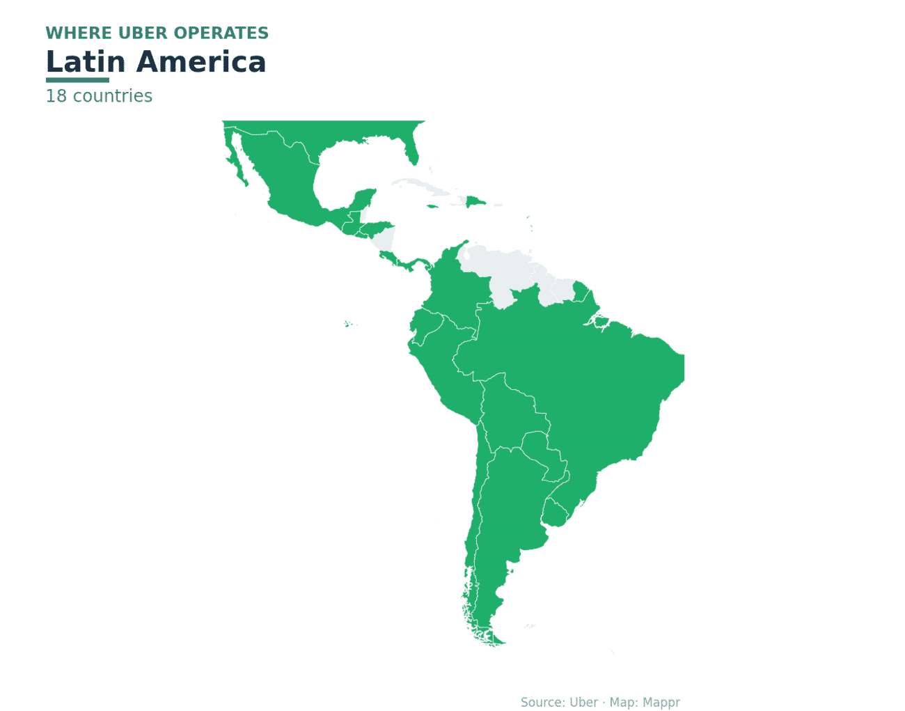 Map of Latin American countries where Uber operates in 2026