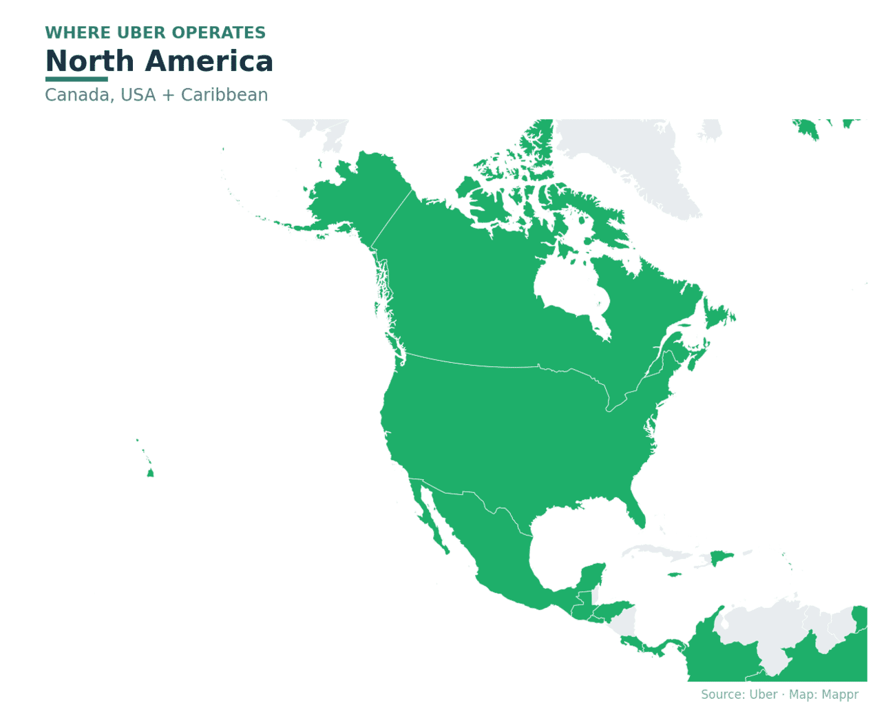 Map of North American countries and Caribbean where Uber operates in 2026