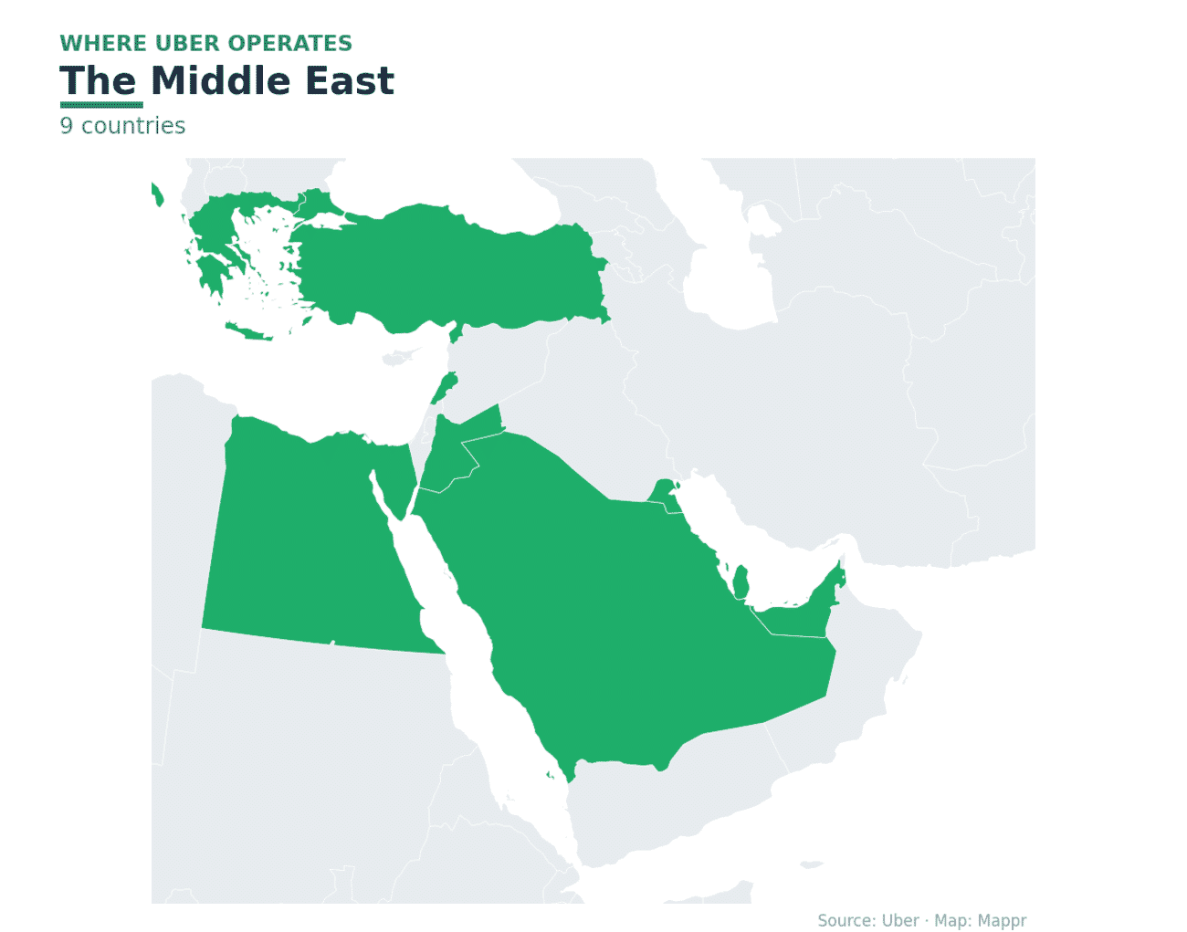 Map of Middle Eastern countries where Uber operates in 2026