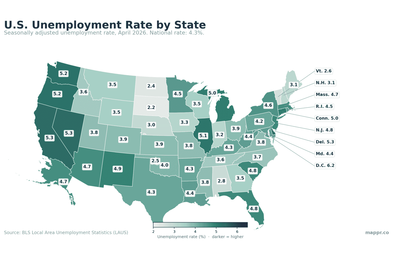 Map of US unemployment rate by state