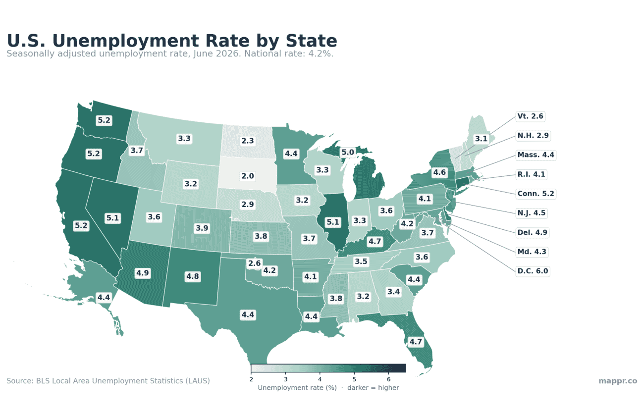 Map of US unemployment rate by state