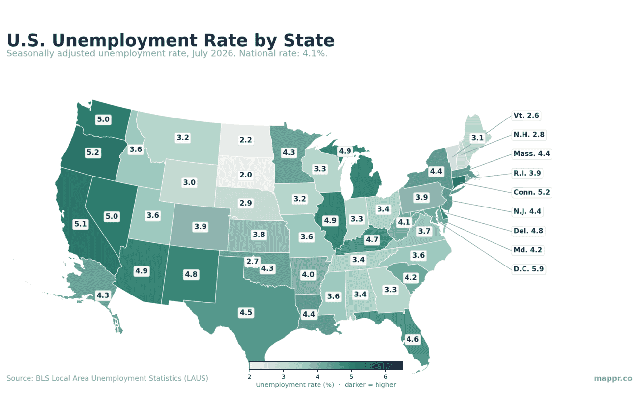 Map of US unemployment rate by state