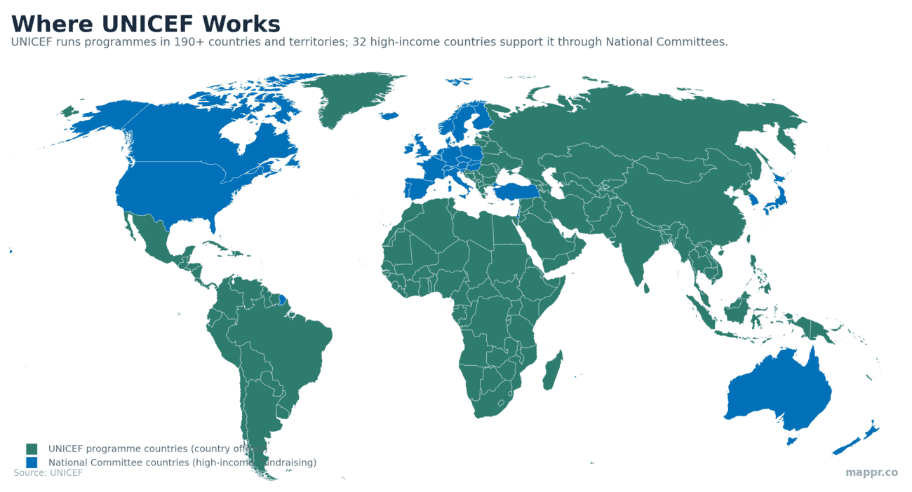World map showing where UNICEF works — programme countries and National Committee countries