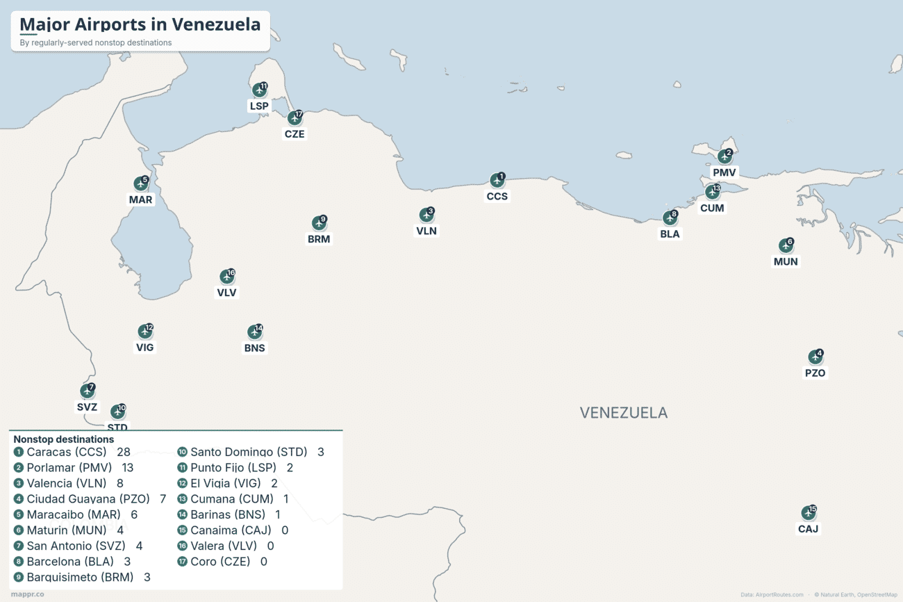Map of major airports in Venezuela ranked by regularly-served nonstop destinations, led by Caracas, Porlamar and Valencia