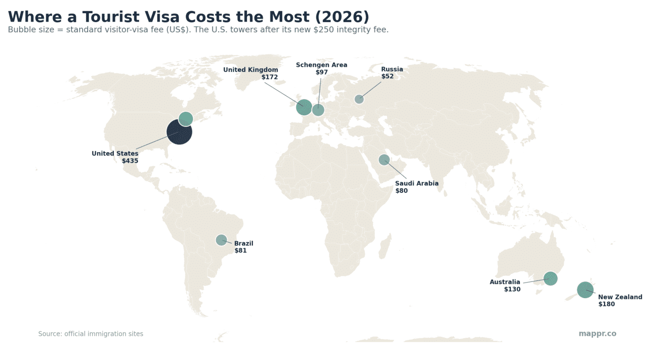 World map of the most expensive tourist visas in 2026