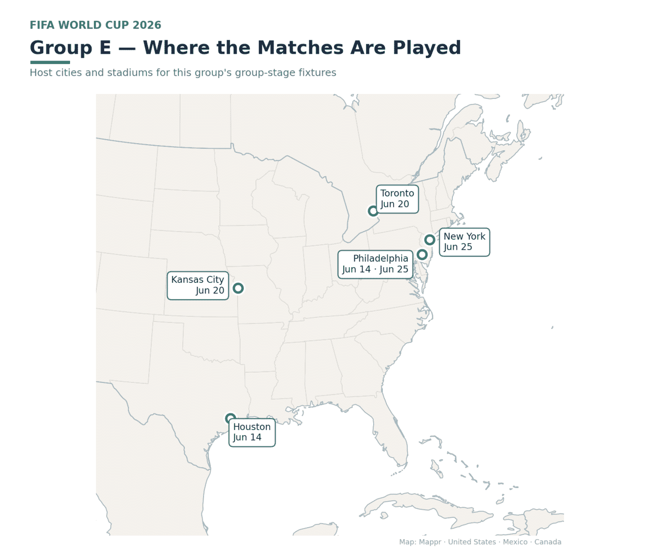 Map of Group E host cities with match dates