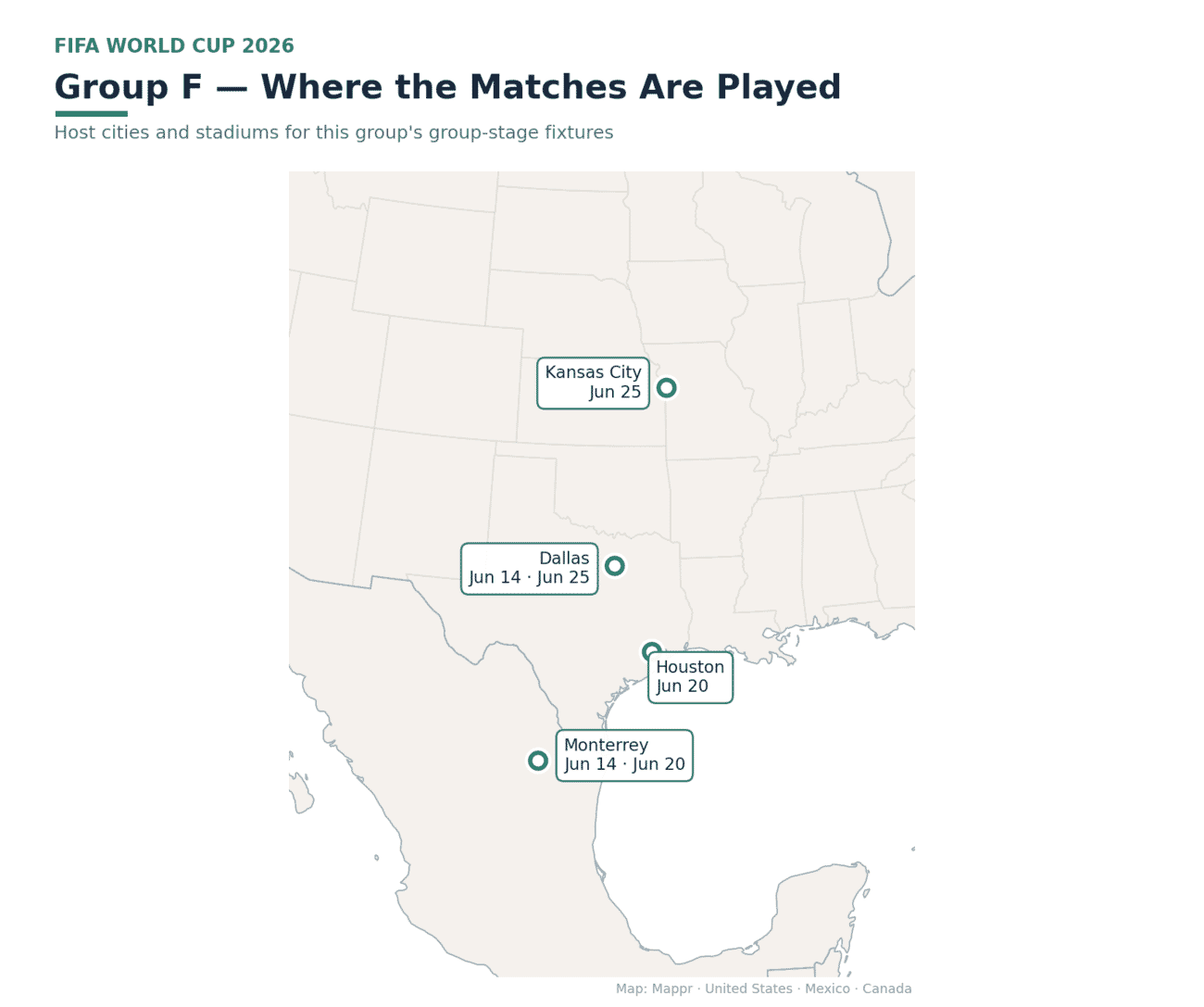 Map of Group F host cities with match dates