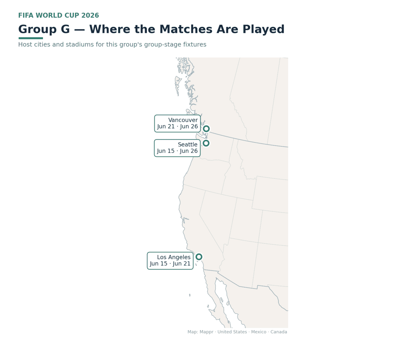 Map of Group G host cities with match dates