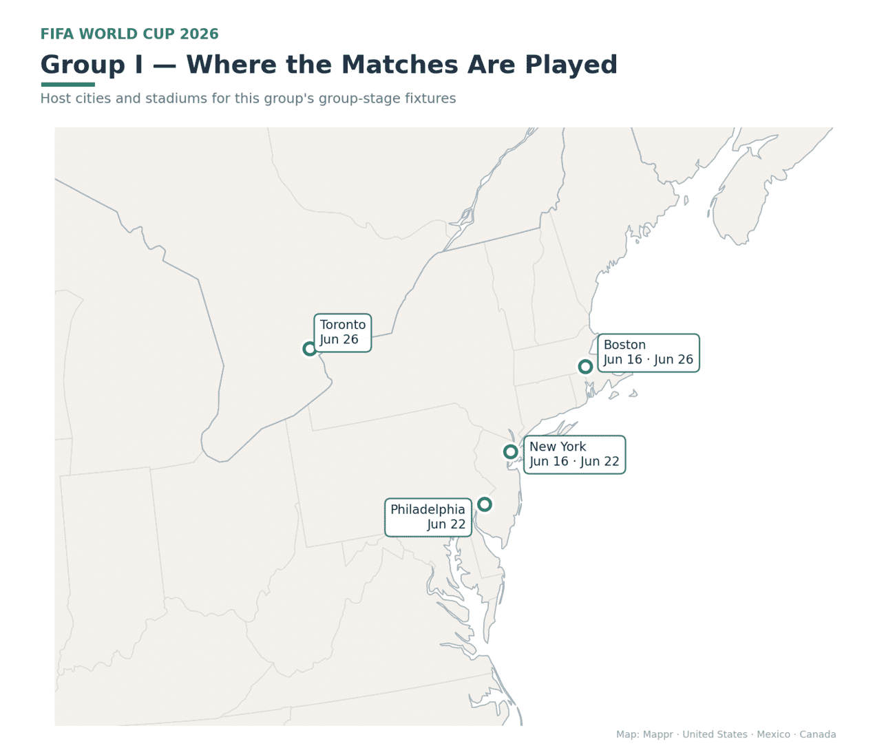 Map of Group I host cities with match dates