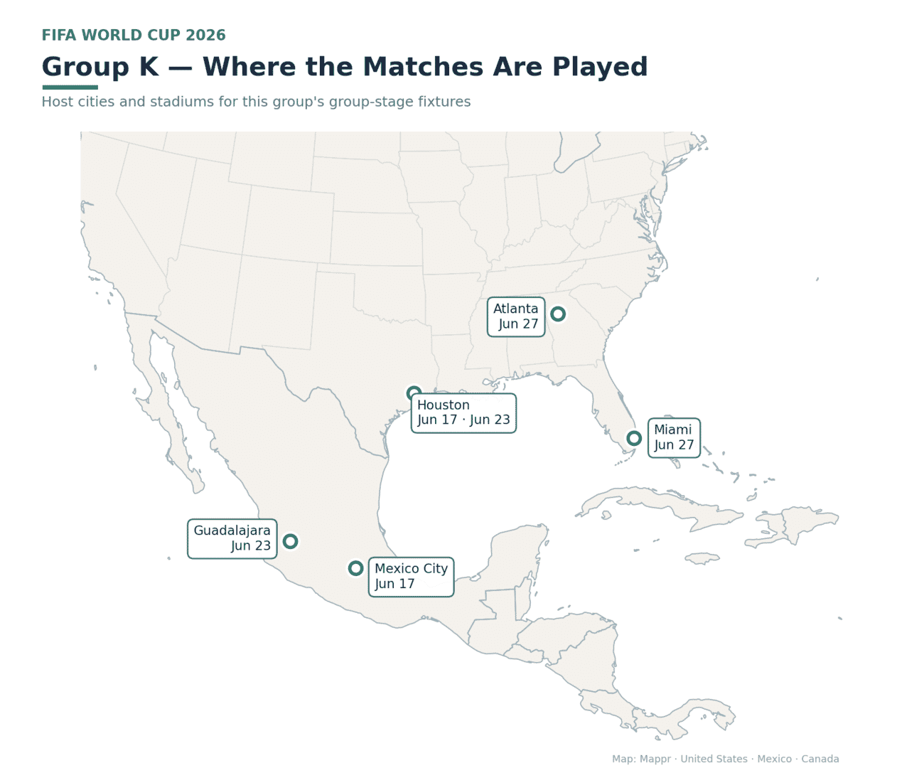Map of Group K host cities with match dates