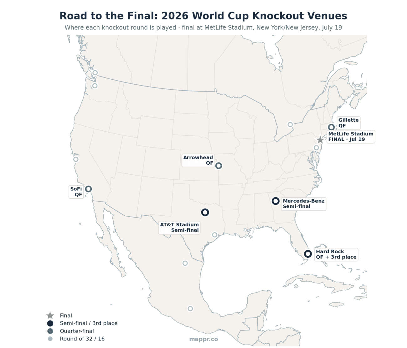 2026 World Cup knockout stage venues map