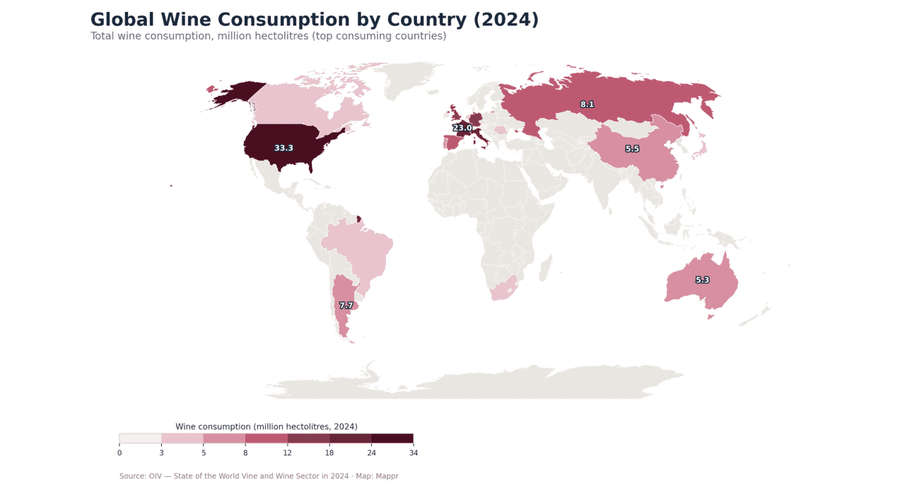 World map of wine consumption by country in 2024, in million hectolitres