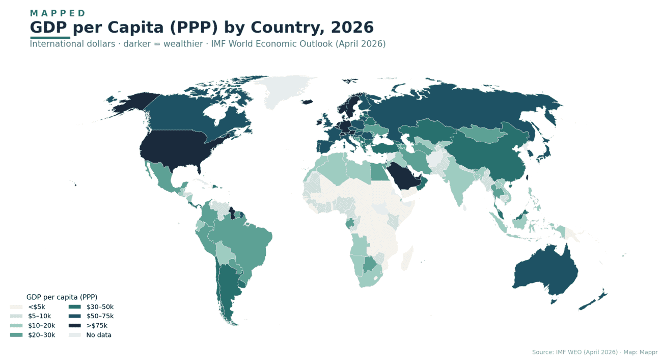 World choropleth map of GDP per capita PPP by country in 2026