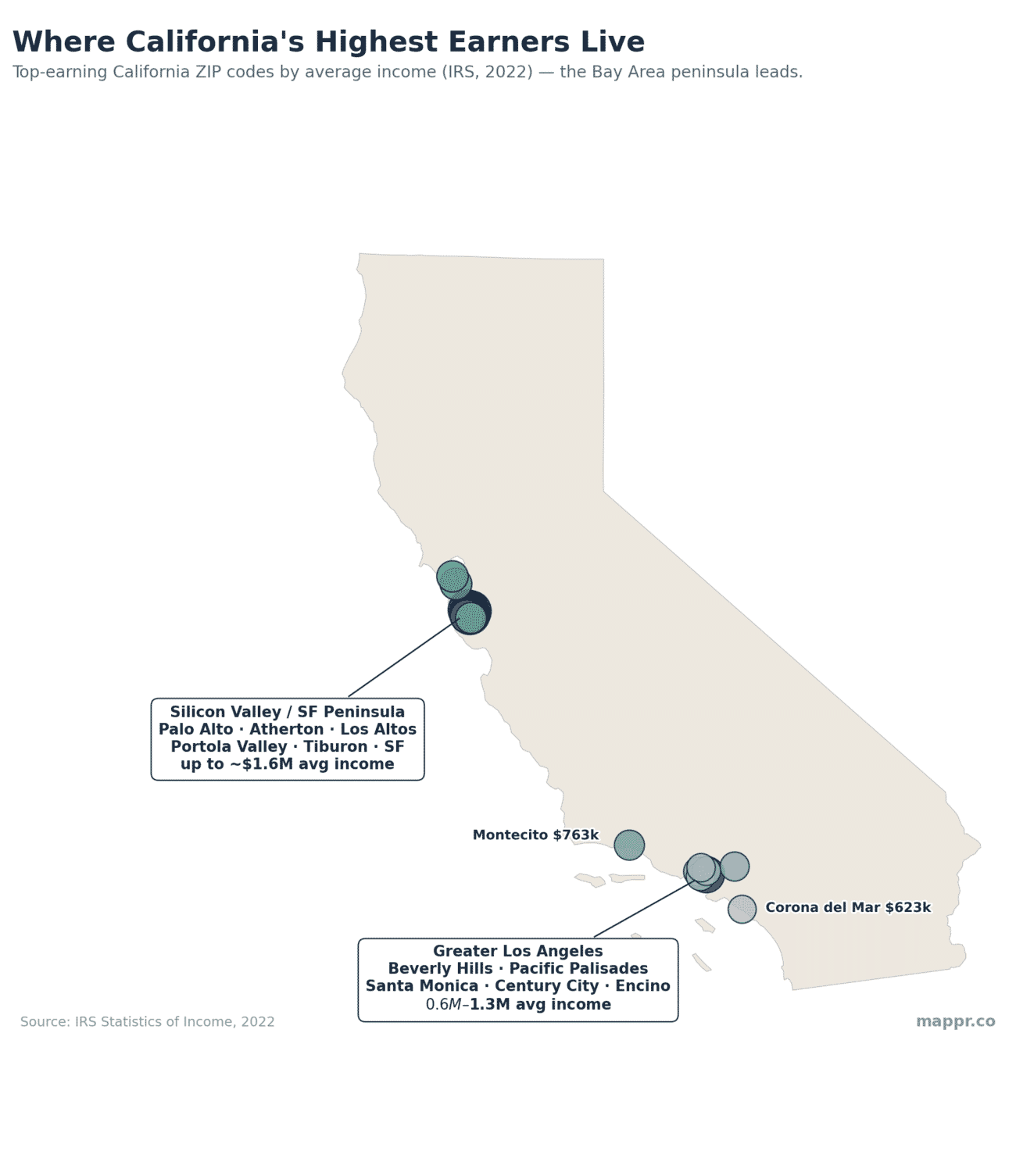 Map of the highest-earning ZIP codes in California