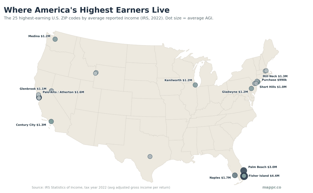 Map of the highest-earning ZIP codes in the United States