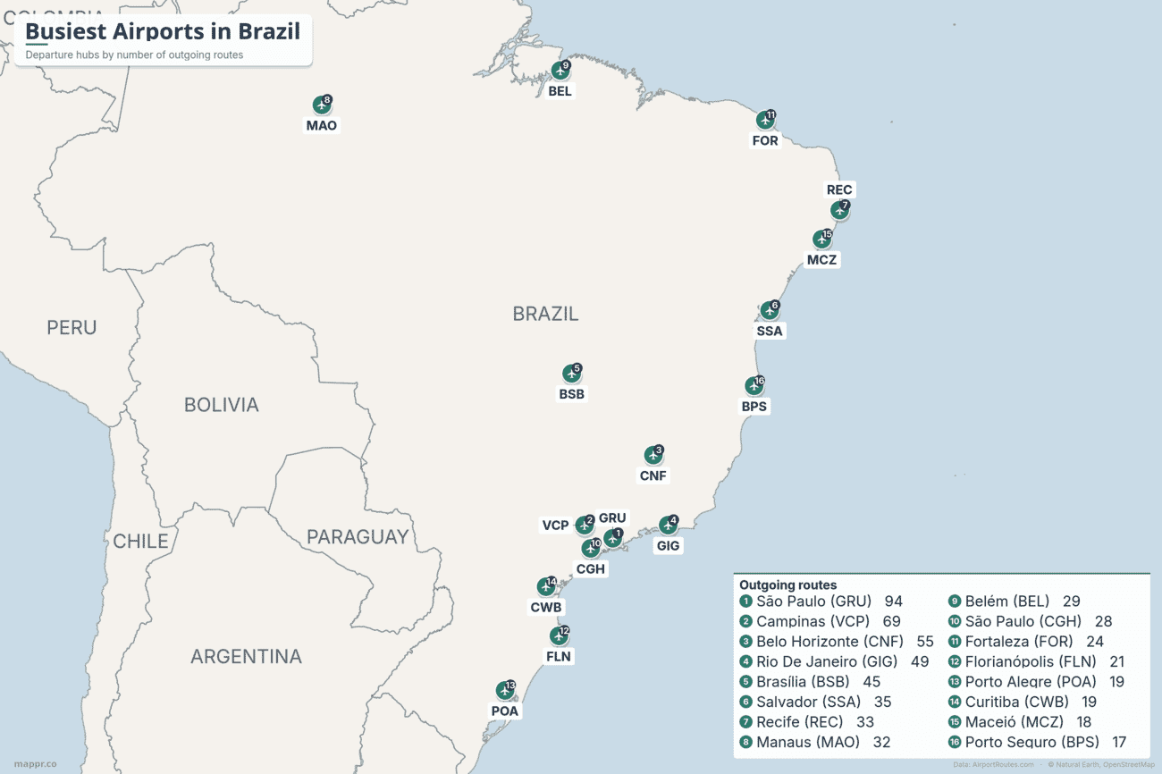 Map of the busiest airports in Brazil