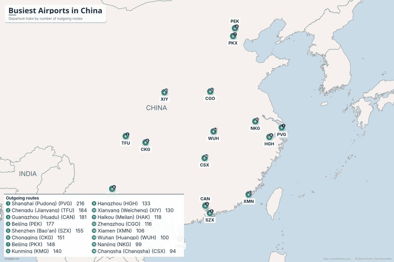 Map of the busiest airports in China
