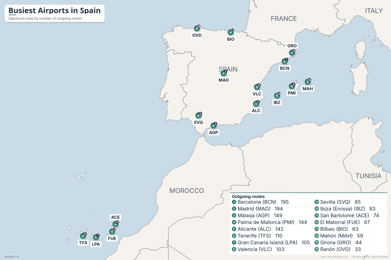 Map of the busiest airports in Spain