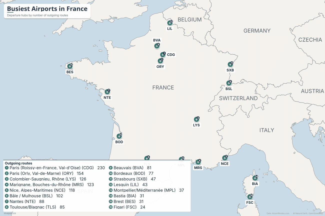 Map of the busiest airports in France